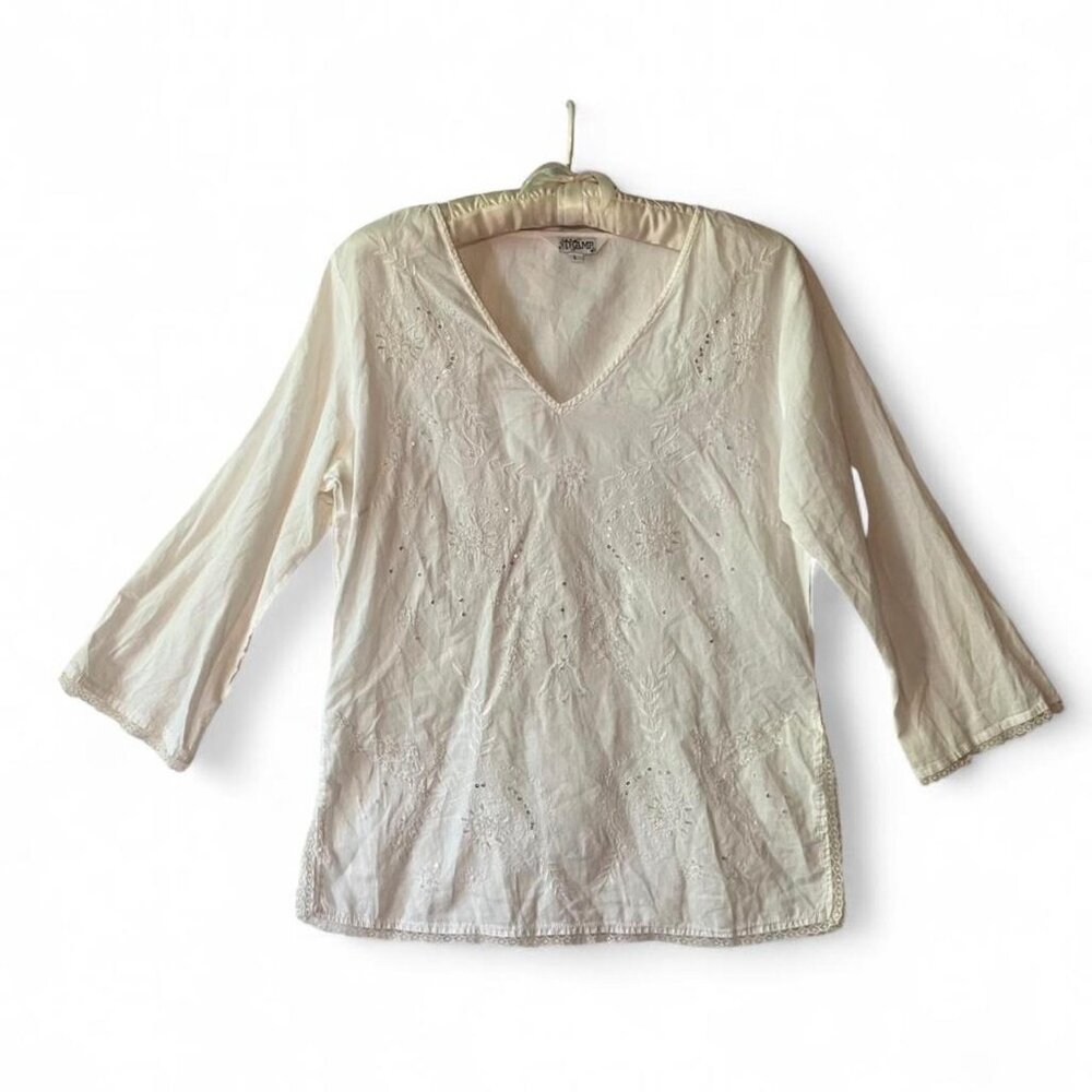 White Embroidered Boho Beaded Sequined V-Neck Tramp Blouse Top with Lace Trim